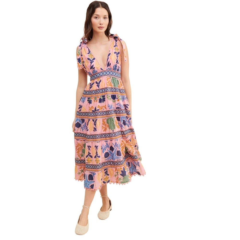 FARM Rio Women's Seashell Tapestry V Neck Self Tie Straps Cotton Midi Dress Sz L